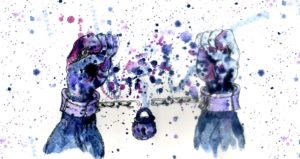 hands break free from locked chains, surrounded by splattered ink
