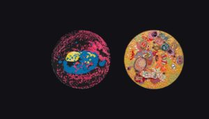 Viruses illustrated with beadwork by the artist Ruth Cuthand