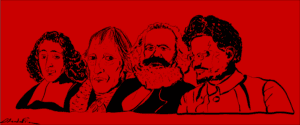 Drawing of the busts of Spinoza, Hegel, Marx, and Trotsky, set against a red background.