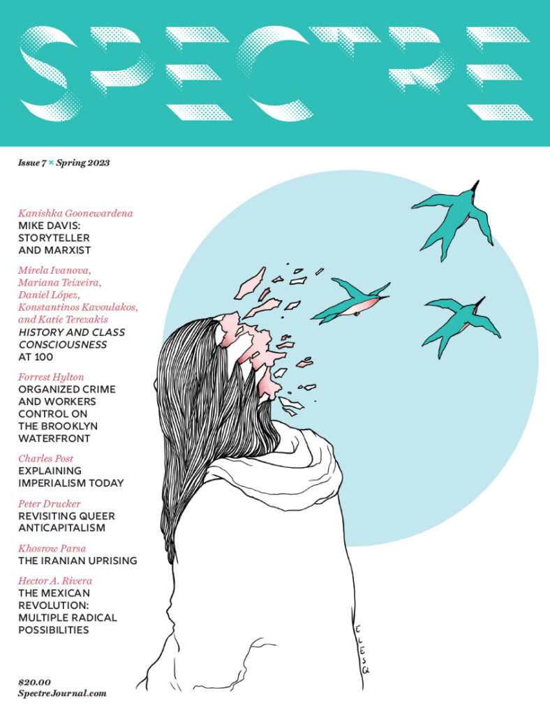 Spectre's cover for Issue 7, Spring 2023, featuring an illustration of a woman with birds flying out of the back of her head, in shades of teal, black, and white.