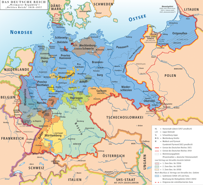 Map depicting the political boundaries of the Weimar era Republic