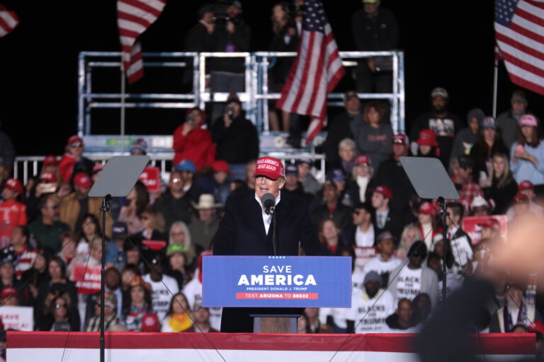 Former President of the United States Donald Trump speaking with supporters at a "Save America" rally at Country Thunder Arizona in Florence, Arizona. Photo Credit: Gage Skidmore