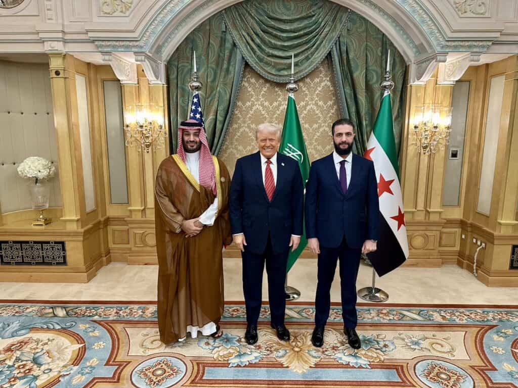 President of the United States Donald Trump with Saudi Crown Prince Mohammed Bin Salman and President of Syria Ahmed al-Sharaa during Donald Trump's state visit to Saudi Arabia. Photo Credit: White House, Karoline Leavitt via X.