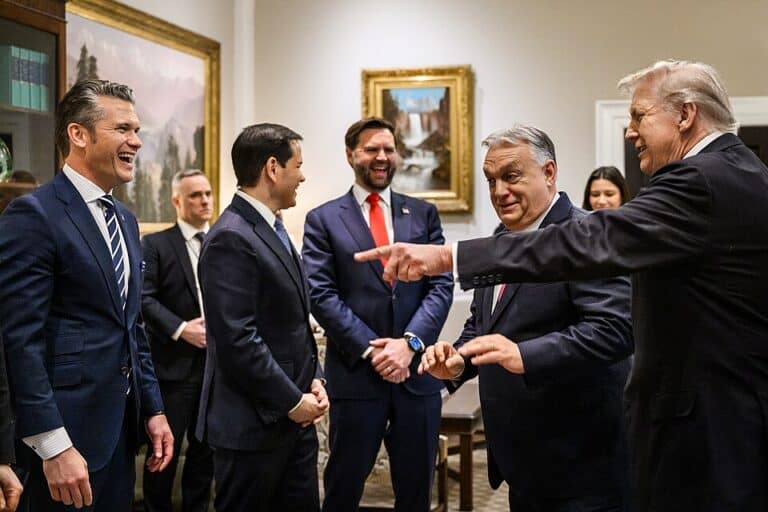 Hungarian Prime Minister Viktor Orban greets Vice President JD Vance and members of the U.S. delegation in the West Wing Lobby of the White House, Friday, November 7, 2025, before a meeting with President Donald Trump. (Official White House Photo by Molly Riley)