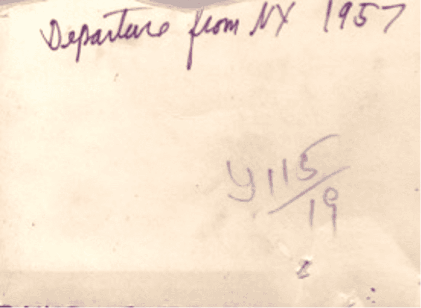 (verso), Unknown photographer, Departure from NY, 1957, The Degraff/Updegraff Archive.
