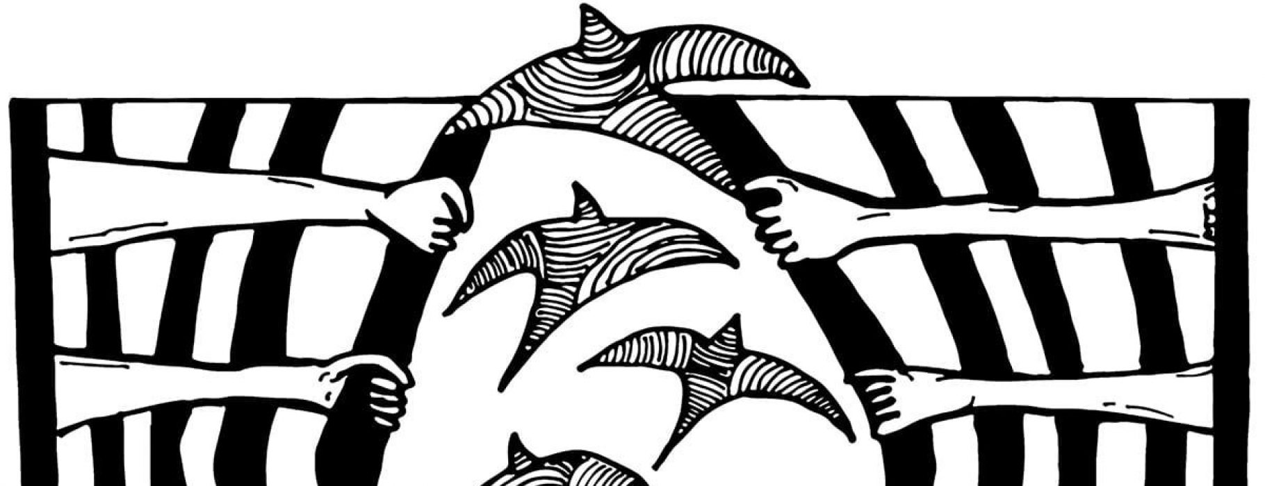 An illustration of arms holding open a gap in a fence, allowing birds to fly through