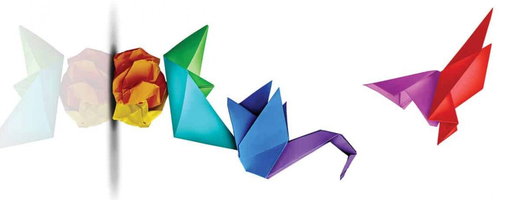 A geometric digital art illustration of an origami crane, balanced on an origami boat, balanced on a crumpled ball of paper.