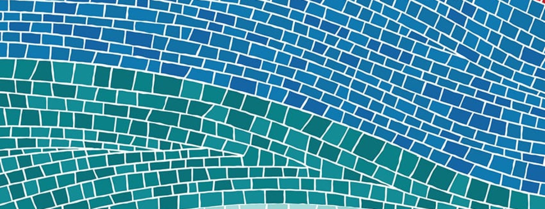 An abstract tiled mosaic in shades of blue, green, and red.