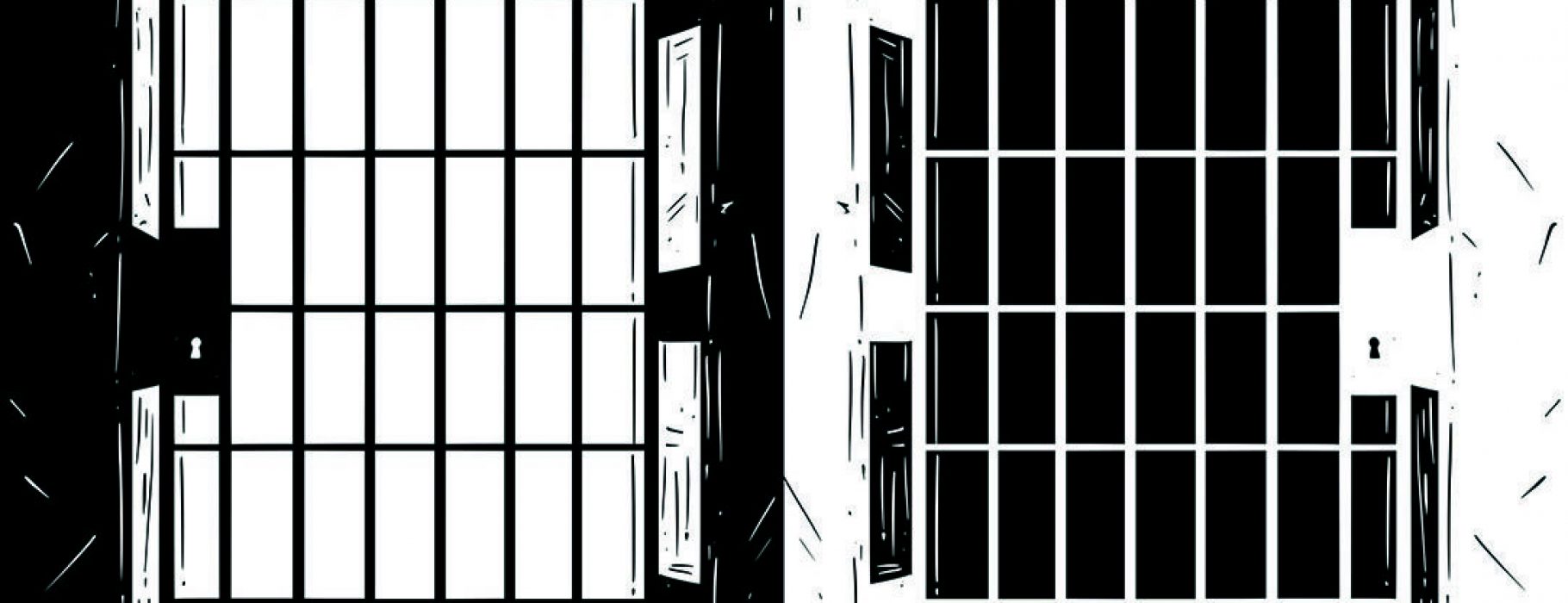 A black and white illustrated rendering of the door of a prison rendered in two parts, with the second inverting the colors of the first