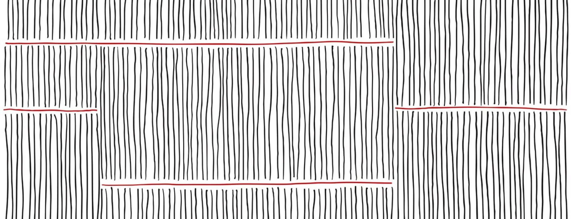 An abstract rendering of hand-drawn vertical black lines crossed by a few horizontal red lines