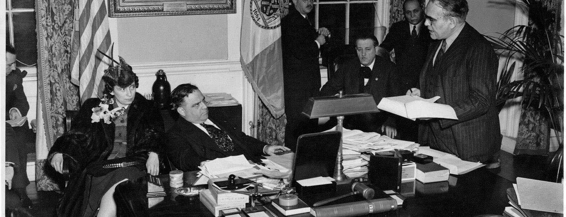 Meeting in Mayor Fiorello LaGuardia's office. Julius Hochman is speaking while Luigi Antonini and others look on. Photo: International Ladies Garment Workers Union Photographs (1885-1985)