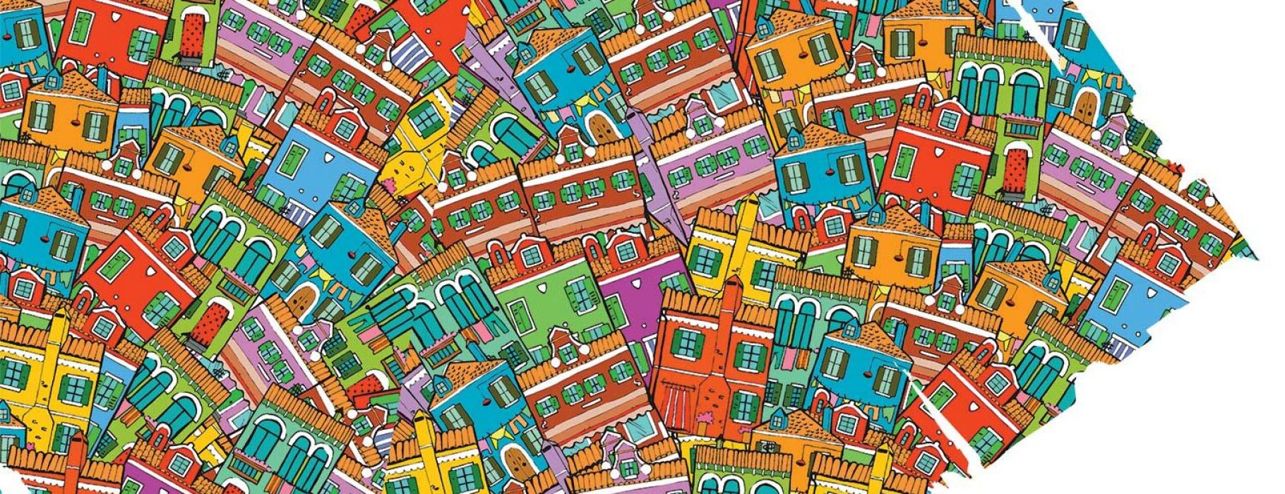 An illustration of brightly colored buildings that appear to be stacked on top of one another.