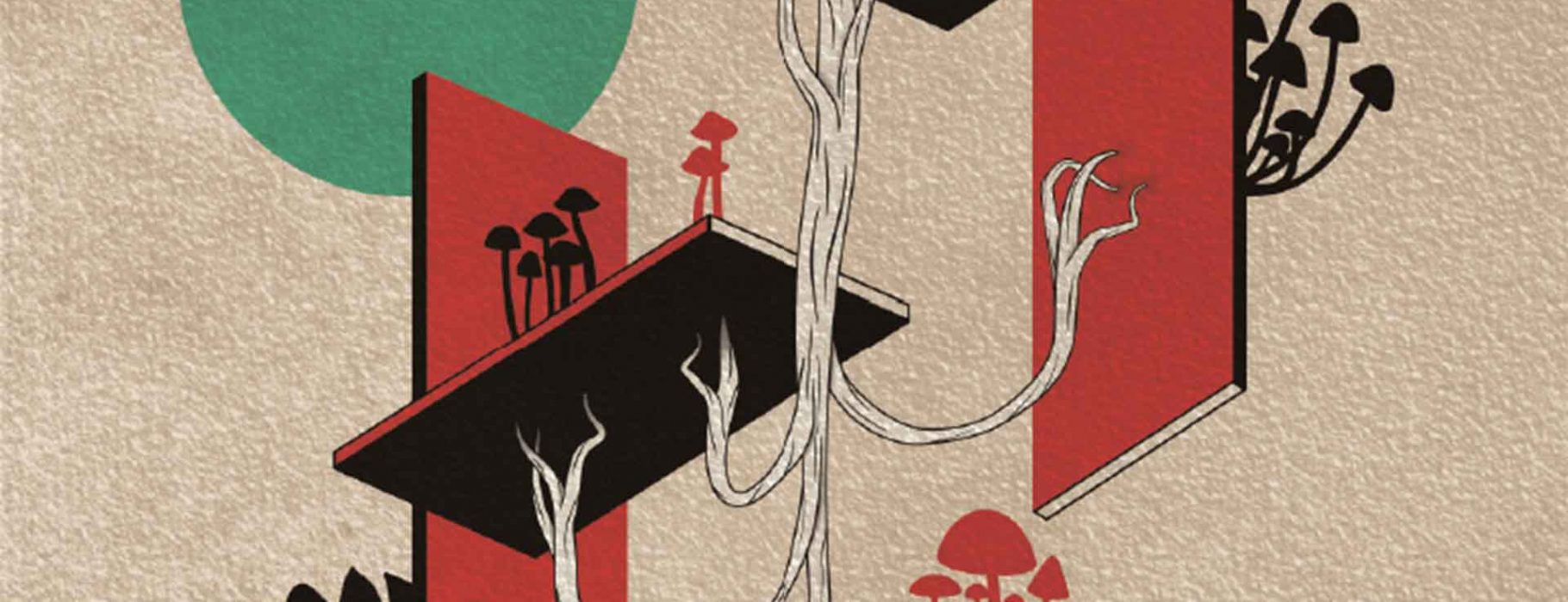An illustration of mycelium working their way through flat rectangular planes to produce mushrooms "above ground"