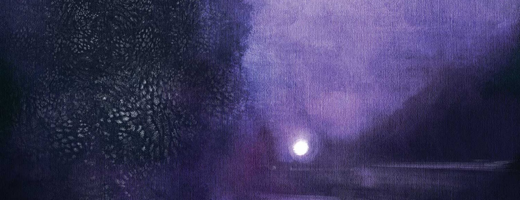 Painterly rendering of the moon reflection the water between hills or mountains, all in purple tones.