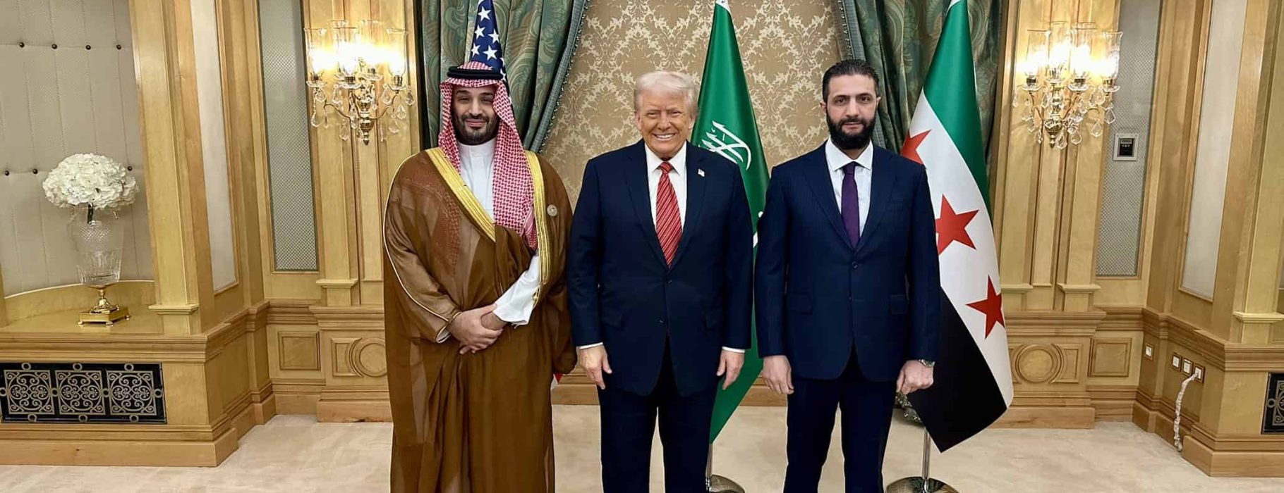 President of the United States Donald Trump with Saudi Crown Prince Mohammed Bin Salman and President of Syria Ahmed al-Sharaa during Donald Trump's state visit to Saudi Arabia. Photo Credit: White House, Karoline Leavitt via X.