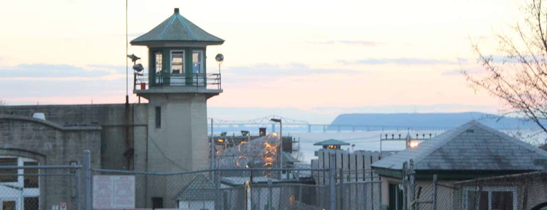 Guard tower at Sing Sing Correctional Facility in Ossining, New York. Looking south, with Hudson River and Tappan Zee Bridge in the background.Photo Credit: Peter Greenberg