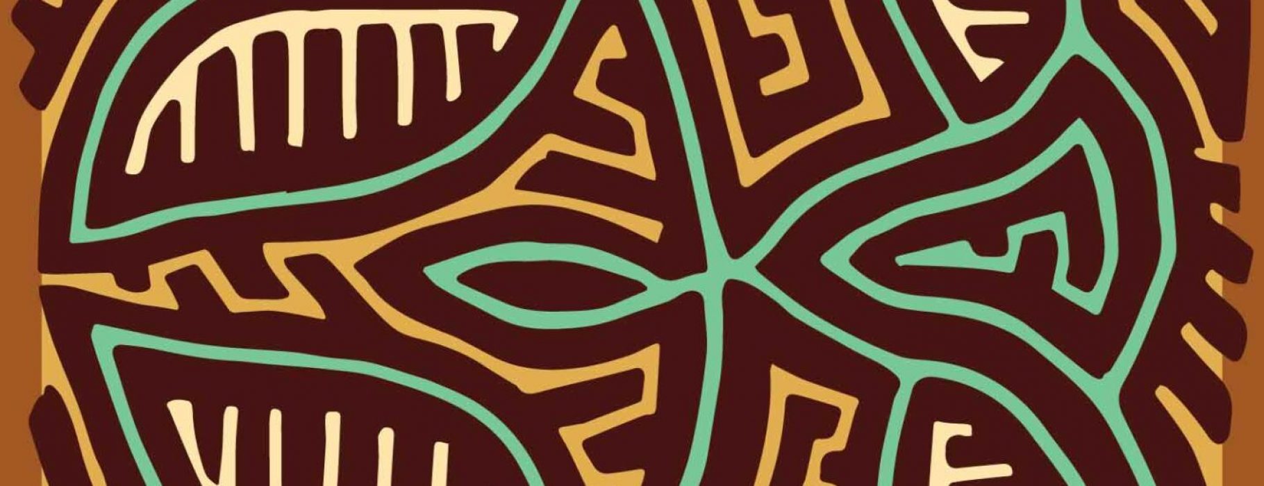 Abstract image of plant life rendered in browns and greens in a wood block style