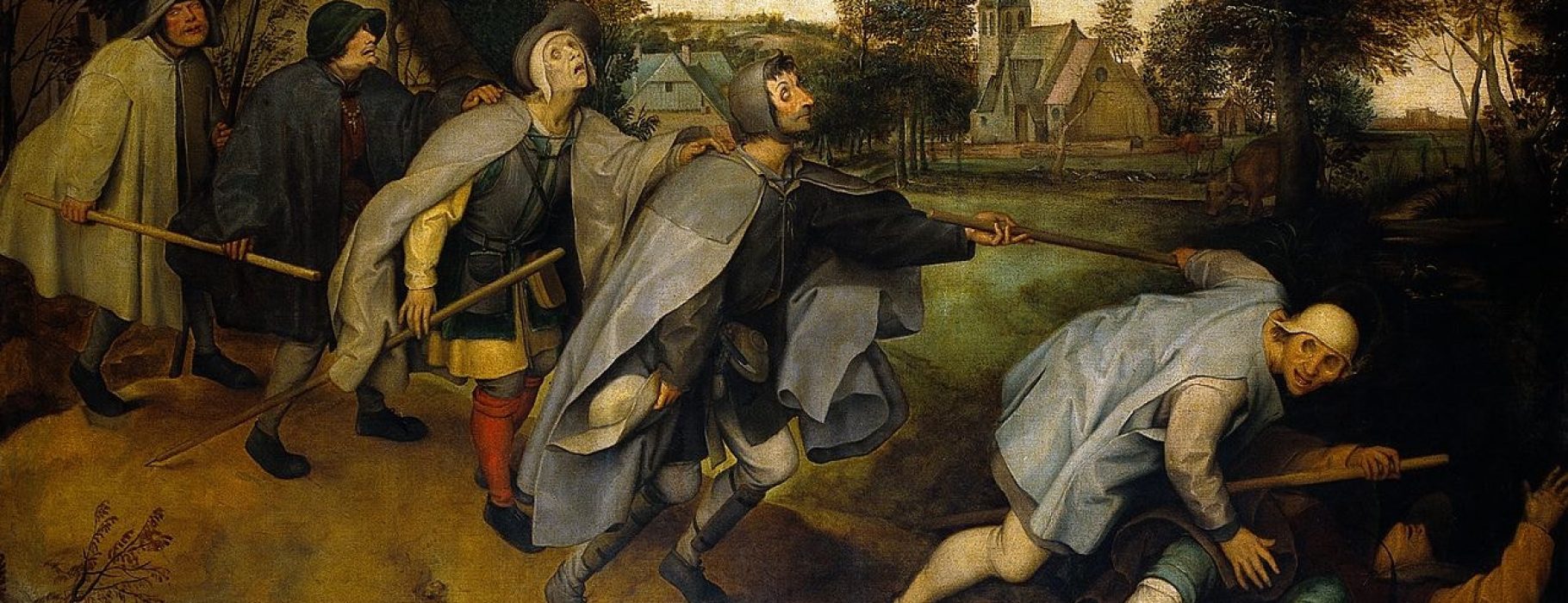 The blind leading the blind. Oil painting after Pieter Bruegel.