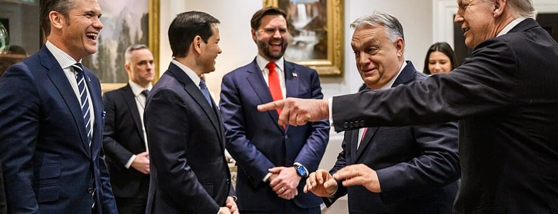 Hungarian Prime Minister Viktor Orban greets Vice President JD Vance and members of the U.S. delegation in the West Wing Lobby of the White House, Friday, November 7, 2025, before a meeting with President Donald Trump. (Official White House Photo by Molly Riley)