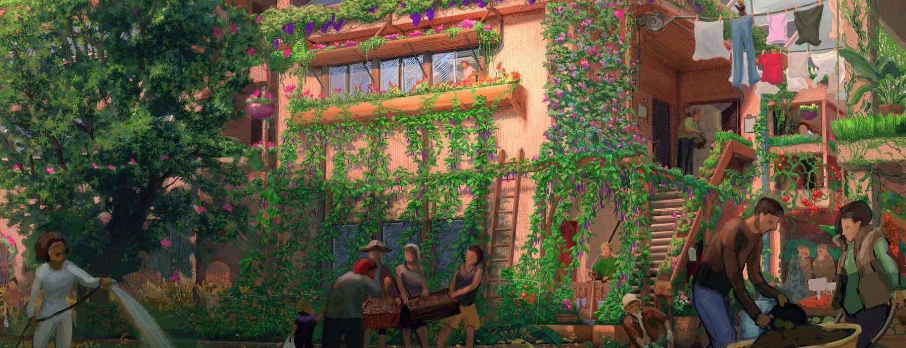 Futuristic urban communal housing with agriculture, solar panels, and cooperative labor