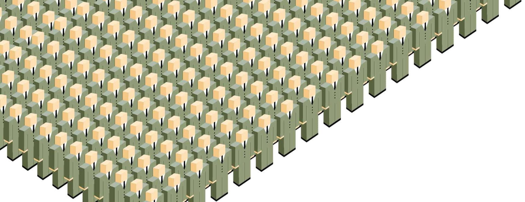 Geometric vector illustration of blocky people in suits arranged in straight lines.