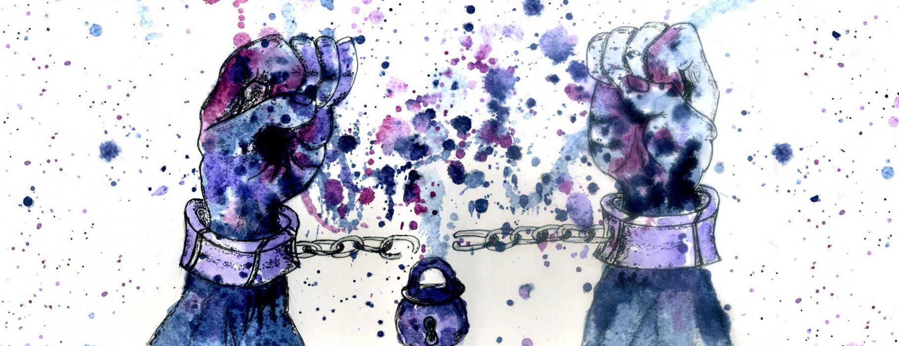 hands break free from locked chains, surrounded by splattered ink