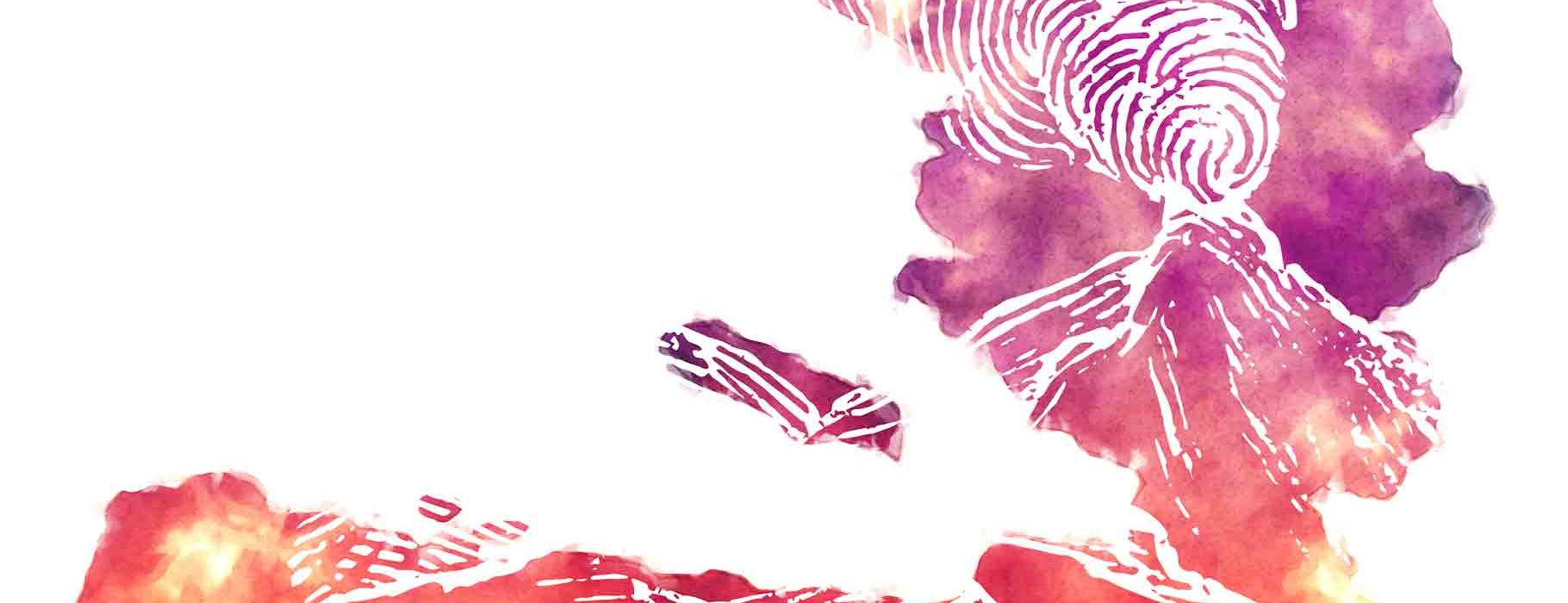 Map of Haiti rendered inpurple and red watercolor