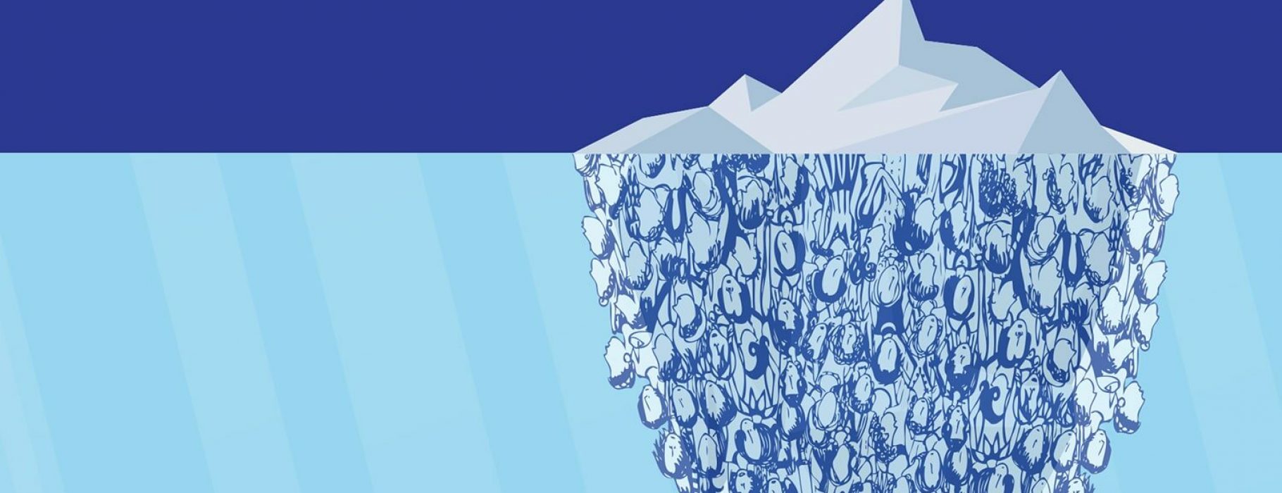 An illustrated side view of an iceberg, where the portion above the water is ice, and the portion below is made up of abstract illustrations of human faces.