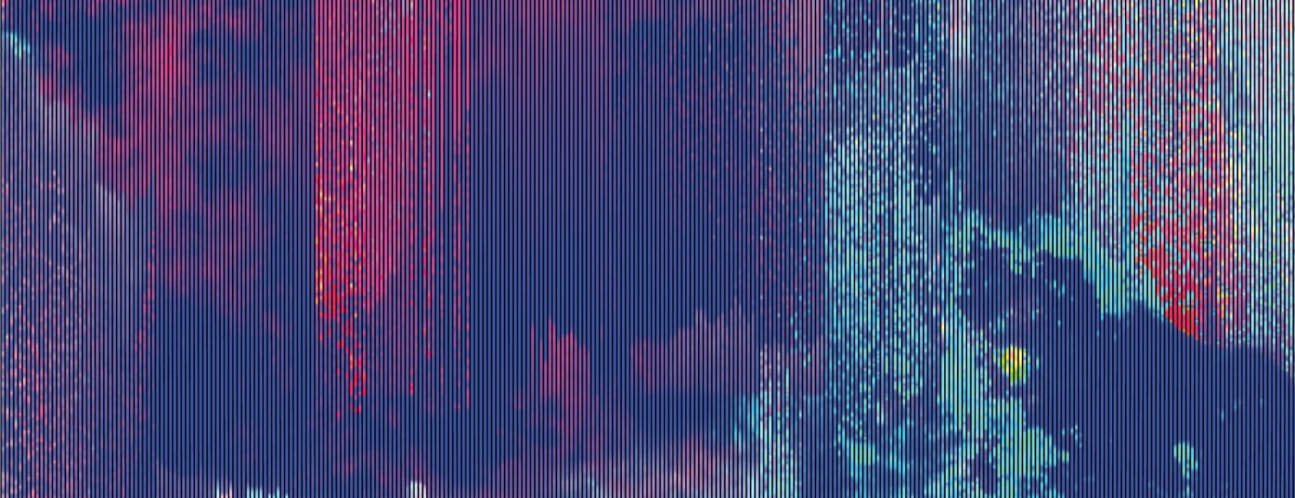 An illustrative rendering of digital artifacts or "glitches" in color washes of magenta, purple, and aqua.