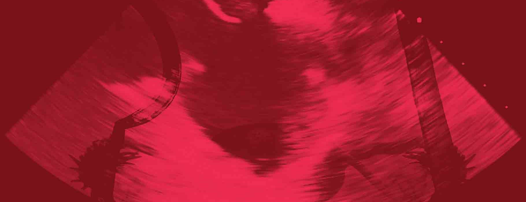 Songram superimposed with silhouettes of a hammer and sickle