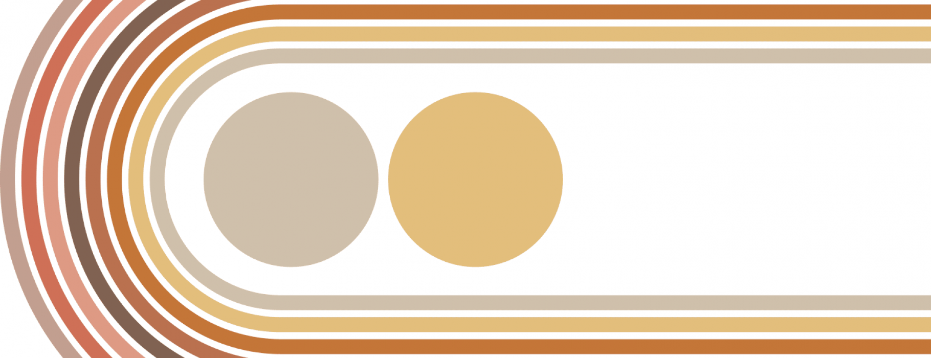 abstract image of two circles surrounded by an arc of lines, all rendered in a yellow-red-brown 70s-style color palette