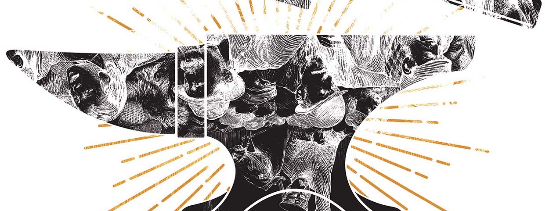 A highly stylized hammer strikes an anvil, surrounded by an illustrated sunburst.