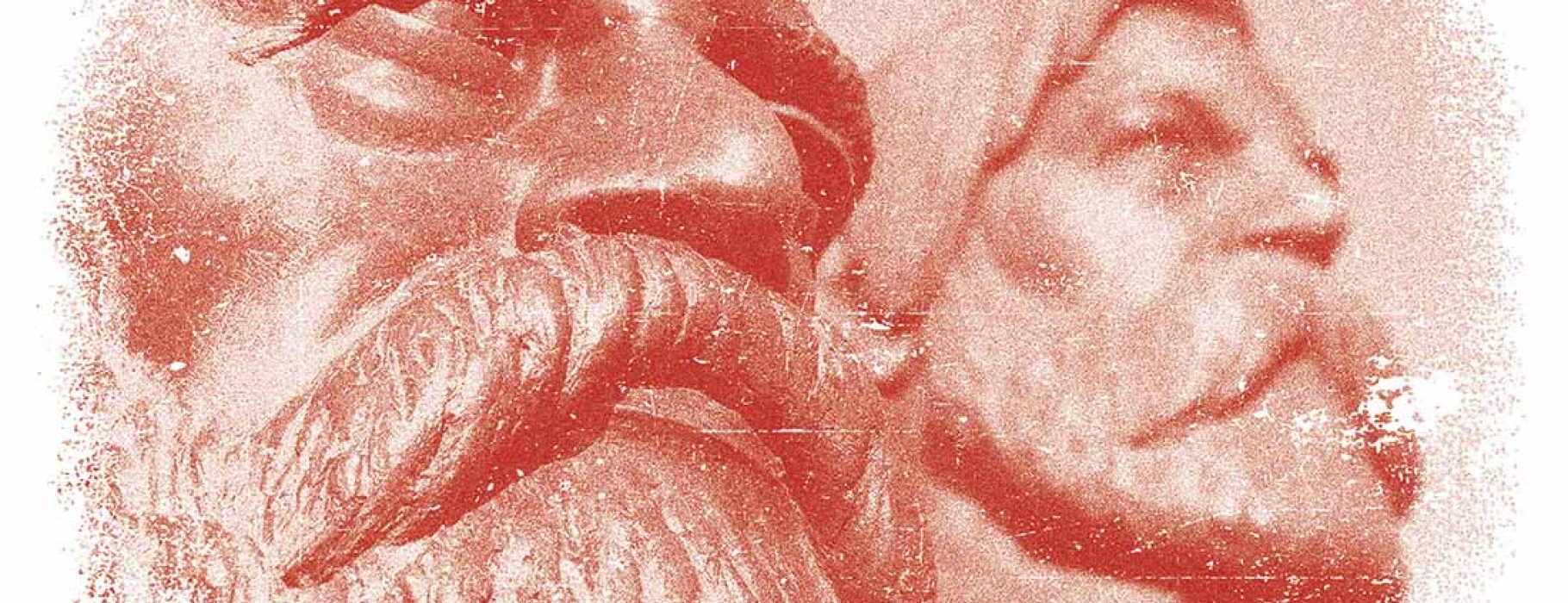 Statue of Marx and Engels with a grainy red filter applied