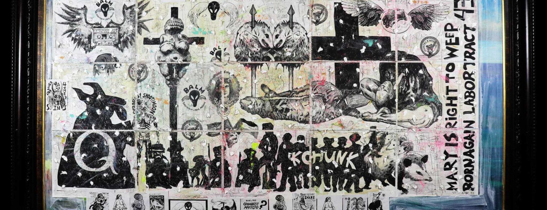 Adam Turl, Born Again Labor Tract 43: Mary's Right to Weep - mixed media collage and painting, digital prints, acrylic, marker, ink, graphite, glitter, wig-hair, Post-It notes, ash of burned American flags, stickers, coffee, cotton and ash on salvaged "thrift-store painting," approx 60 x 40 inches (2025)